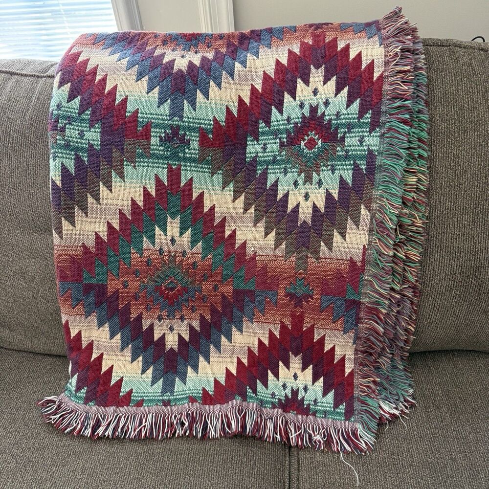 Goodwin Weavers Tapestry Throw Blanket 48x56 Cotton Fringe Aztec Tribal Cottage
